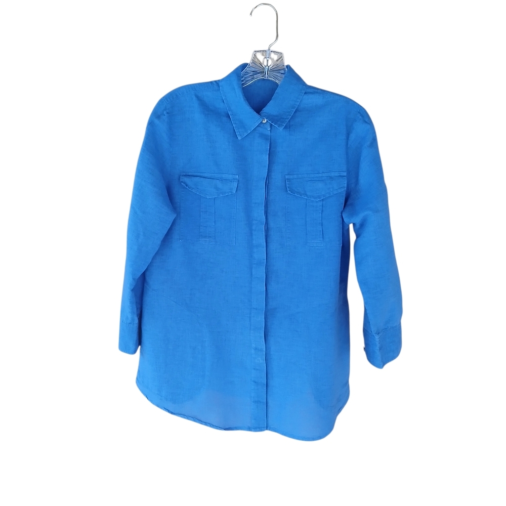Chaus Sport Blue Button Down Linen Cotton Shirt Small
